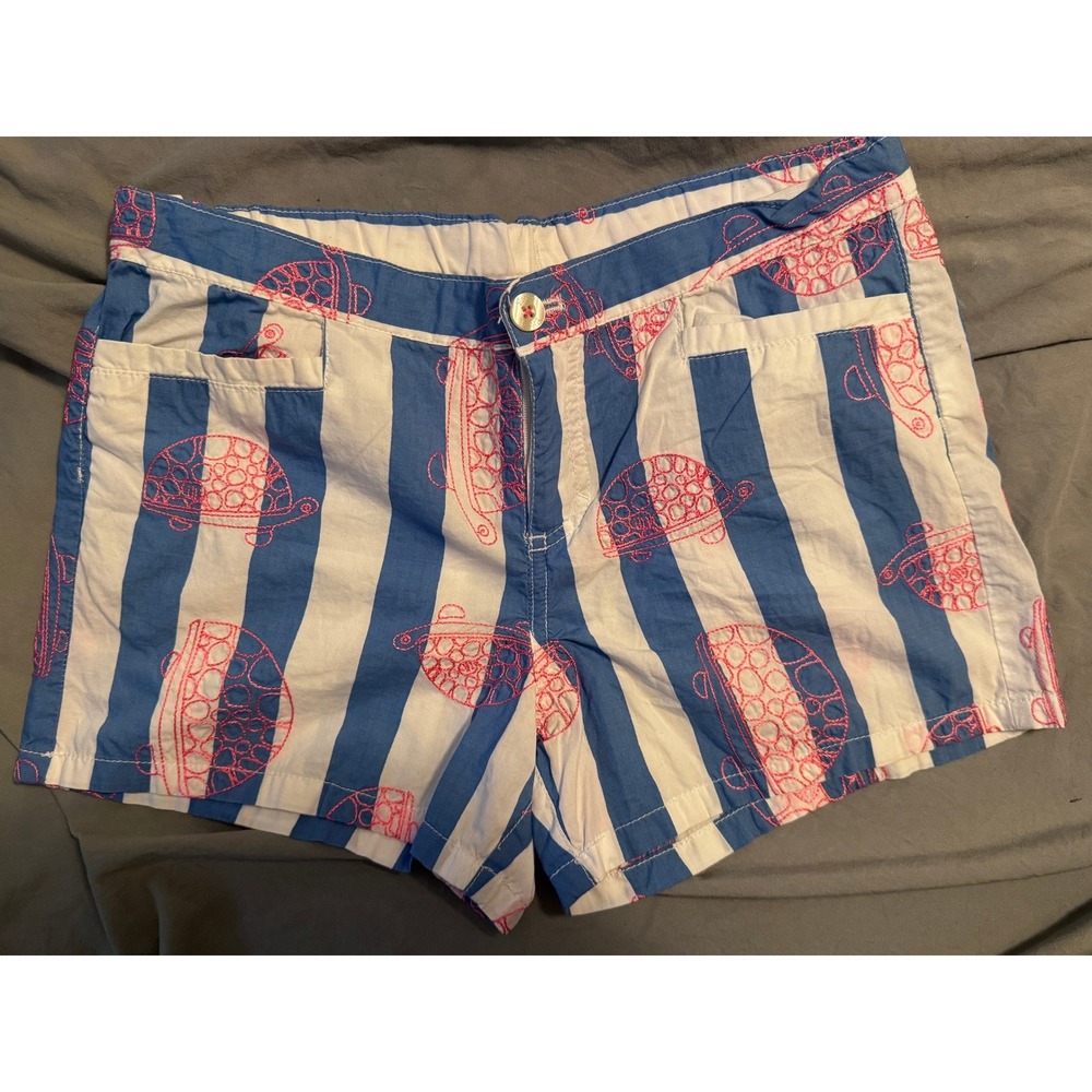 Lilly Pulitzer Girls Blue White Striped Pink Turtle Embroidered Shorts Size 14